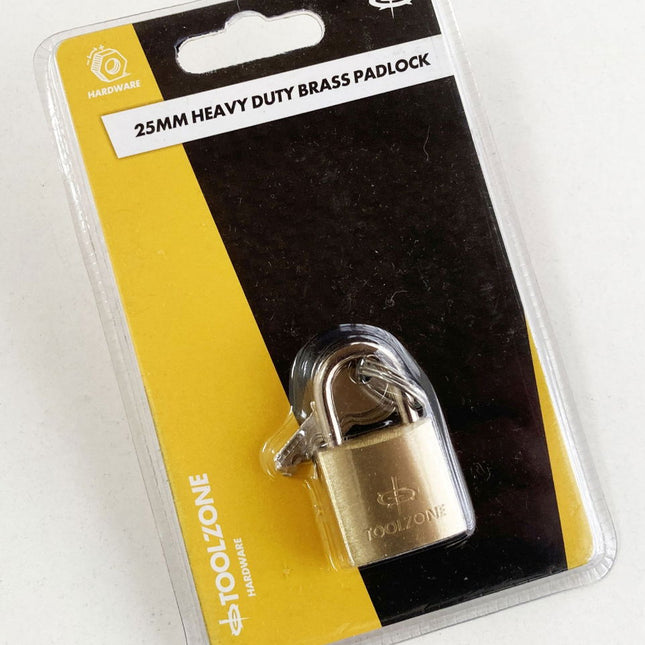 Padlock Heavy Duty Brass 25mm With 3 Keys - Toolzone KDPLK014