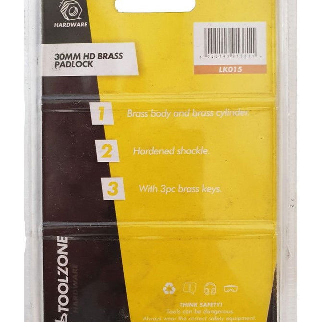 Padlock Brass 30mm With 3 Keys - Toolzone KDPLK015