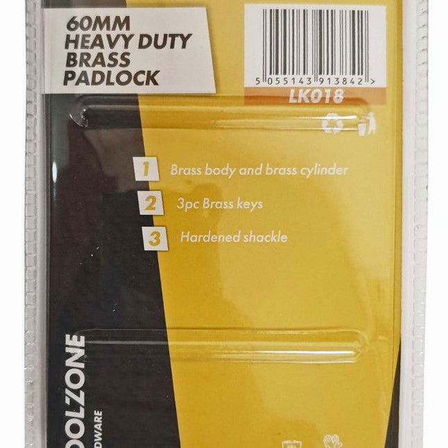 Padlock Heavy Duty Brass 60mm With 3 Keys - Toolzone KDPLK018