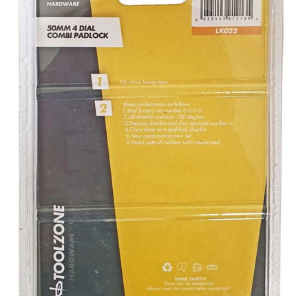 Padlock Combination 4 Dial Brass 50mm - Toolzone KDPLK022