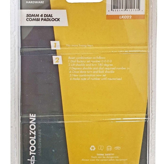 Padlock Combination 4 Dial Brass 50mm - Toolzone KDPLK022