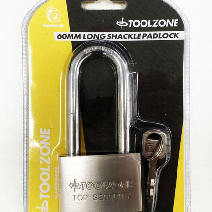 Padlock Long Security 60mm Solid Steel With 4 Keys - Toolzone KDPLK024