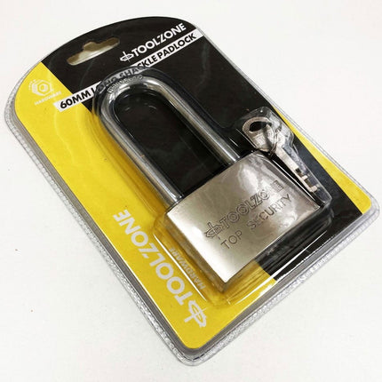 Padlock Long Security 60mm Solid Steel With 4 Keys - Toolzone KDPLK024