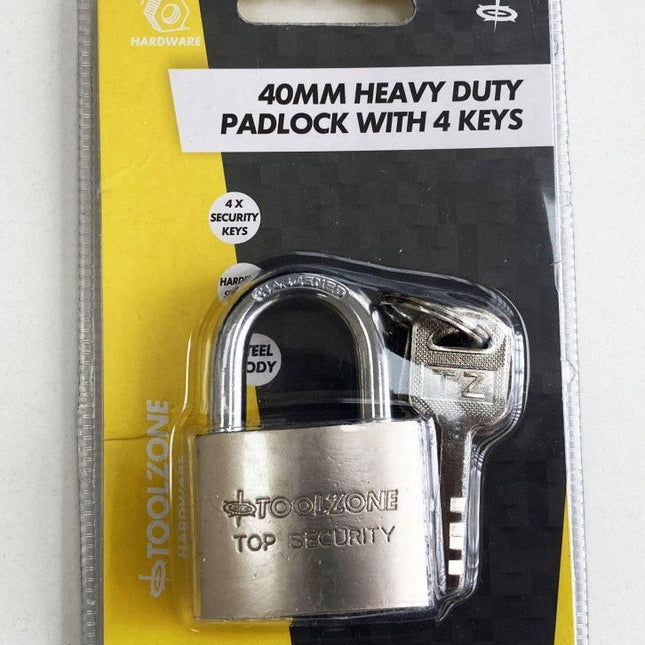 Padlock Security 40mm Solid Steel With 4 Keys - Toolzone KDPLK025