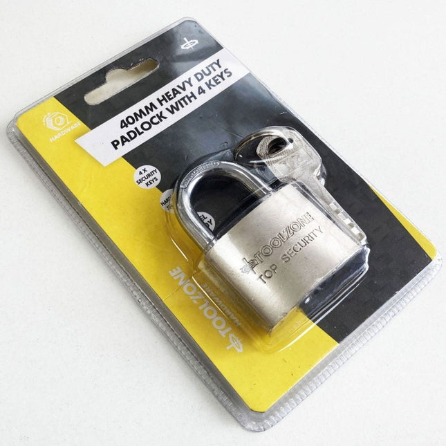 Padlock Security 40mm Solid Steel With 4 Keys - Toolzone KDPLK025