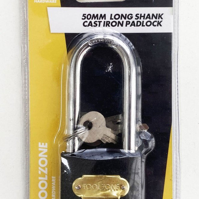 Padlock Long Shank Cast Iron 50mm With 3 Keys - Toolzone KDPLK032