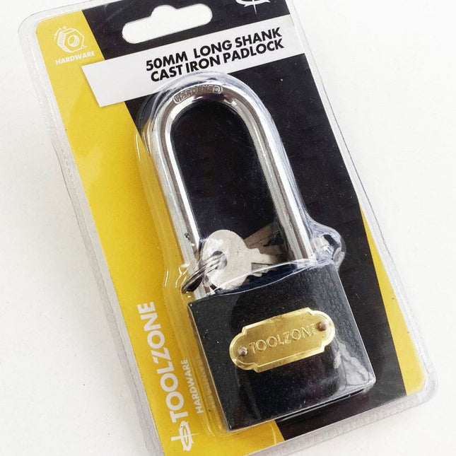 Padlock Long Shank Cast Iron 50mm With 3 Keys - Toolzone KDPLK032