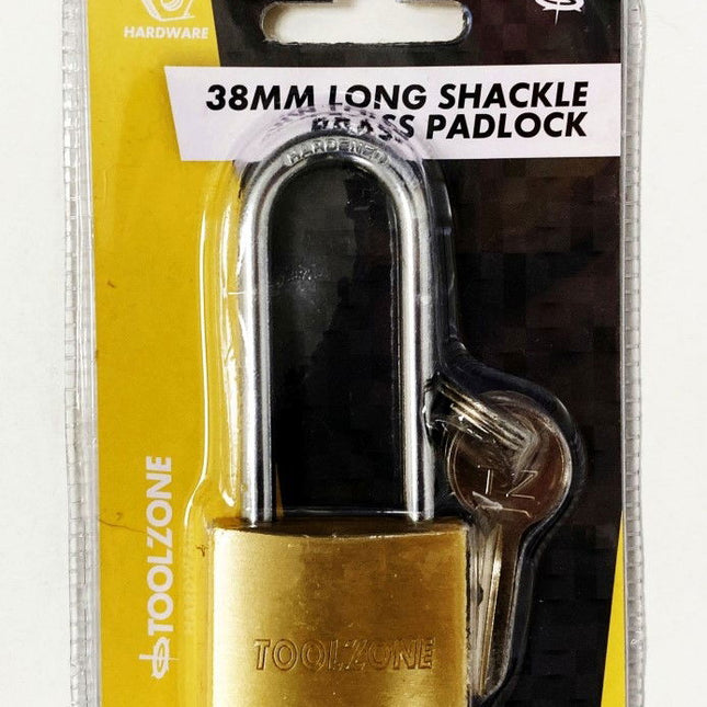 Padlock Long Shank Brass 38mm 57mm Shackle With 3 Keys - Toolzone KDPLK040