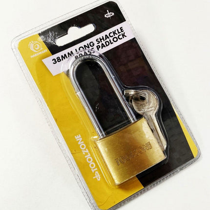 Padlock Long Shank Brass 38mm 57mm Shackle With 3 Keys - Toolzone KDPLK040