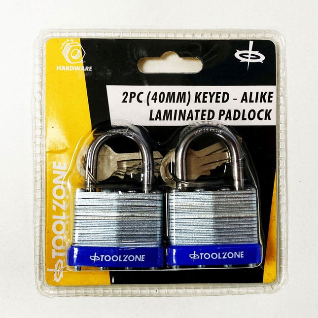 Padlock Laminated 40mm Keyed Alike Pack Of 2 - Toolzone KDPLK062