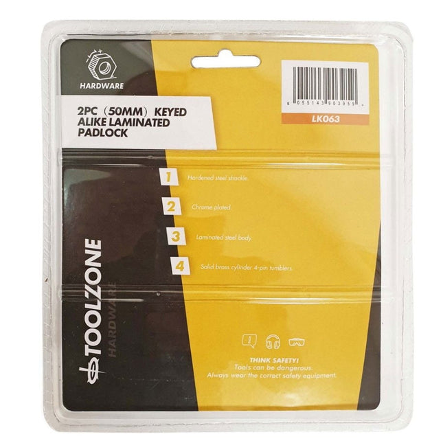 Padlock Laminated 50mm Keyed Alike Pack Of 2 - Toolzone KDPLK063