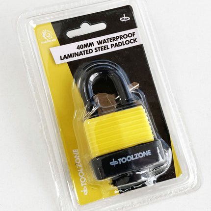 Padlock Waterproof Laminated 40mm 6mm Shackle With 2 Keys - Toolzone KDPLK100