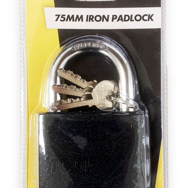 Padlock Iron 75mm Hardened Shackle Brass Core With 3 Keys - Toolzone KDPLK112