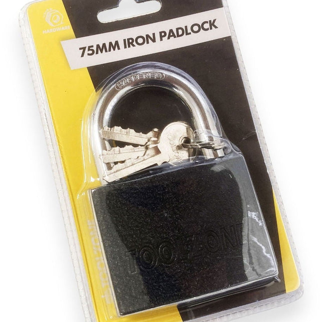 Padlock Iron 75mm Hardened Shackle Brass Core With 3 Keys - Toolzone KDPLK112