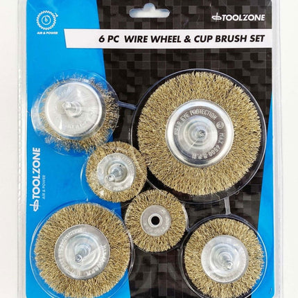 Rotary Wire Wheel And Cup Brush Set 6 Piece 38/50/63/75mm 6mm Shank - Toolzone KDPPA083