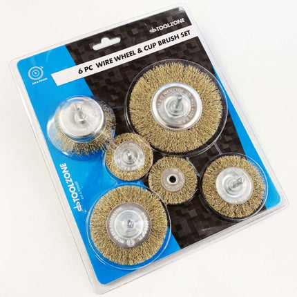 Rotary Wire Wheel And Cup Brush Set 6 Piece 38/50/63/75mm 6mm Shank - Toolzone KDPPA083
