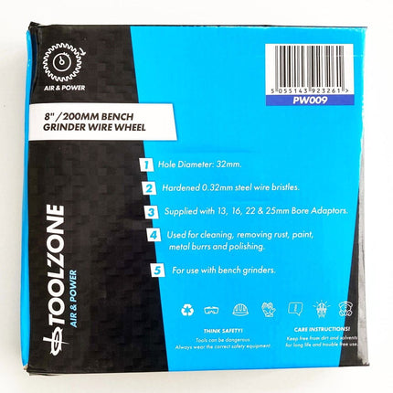 Wire Wheel 8 For Bench Grinder 32mm Hole With Bore Adaptors - Toolzone KDPPW009