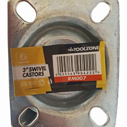 Castor Swivel 3 72mm Rubber Wheel Steel Plate 25kg - Toolzone KDPRM007