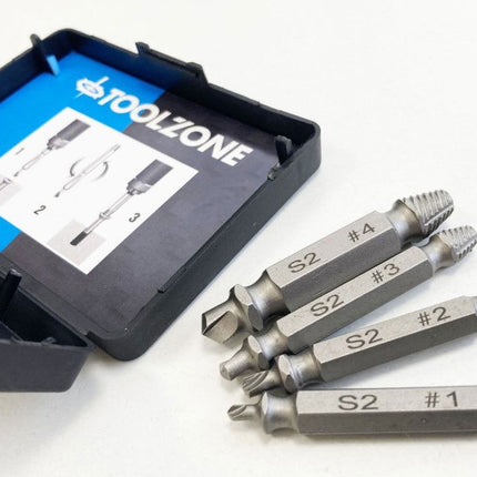 Double Ended Screw Extractor Set 4PC 1/4 Hex 3-12mm - Toolzone KDPSD093