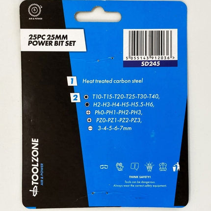 Power Bit Set 25PC 25mm Star T10-T40 Hex H2-H6 PH0-PH3 PZ0-PZ3 3-7mm - Toolzone KDPSD245