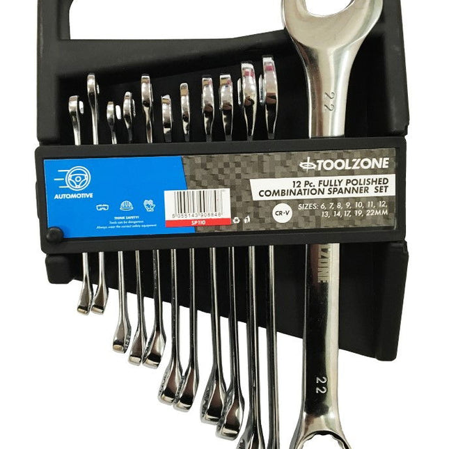 Combination Spanner Set 12PC 6 To 22mm Polished Chrome Vanadium - Toolzone KDPSP110