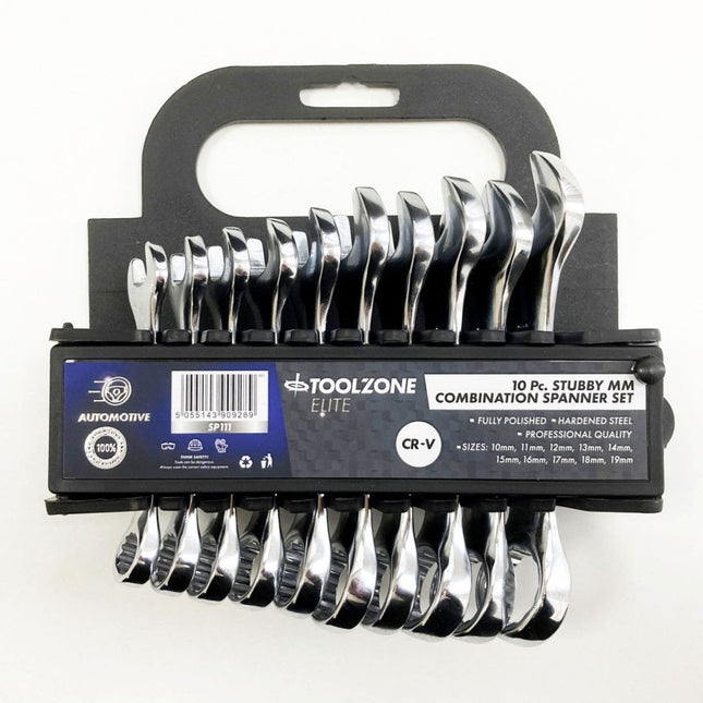 Stubby Spanner Set 10PC 10 To 19mm Fully Polished Chrome Vanadium - Toolzone KDPSP111