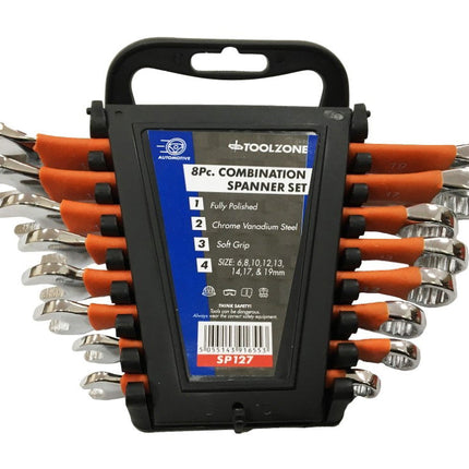 Combination Spanner Set 8pc Softgrip Chrome Vanadium Polished Finish - Toolzone KDPSP127