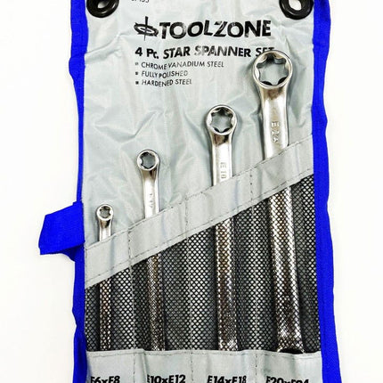 Double End Ring Spanner Set 4pc Star Chrome Vanadium Fully Polished - Toolzone KDPSP135