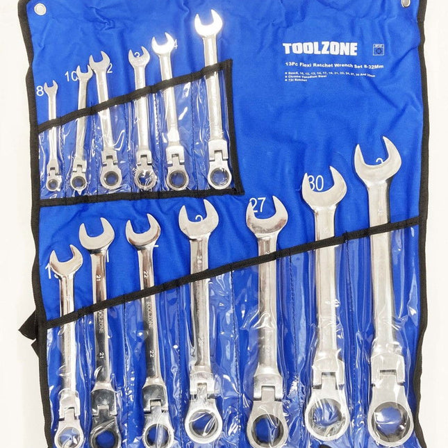Flexi Ratchet Wrench Set 13pc 8-32mm 72 Teeth Chrome Vanadium - Toolzone KDPSP147