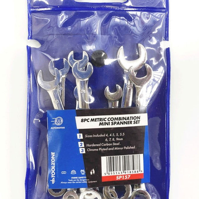 Combination Spanner Set 8pc Mini 4-9mm Carbon Steel Chrome Plated - Toolzone KDPSP157