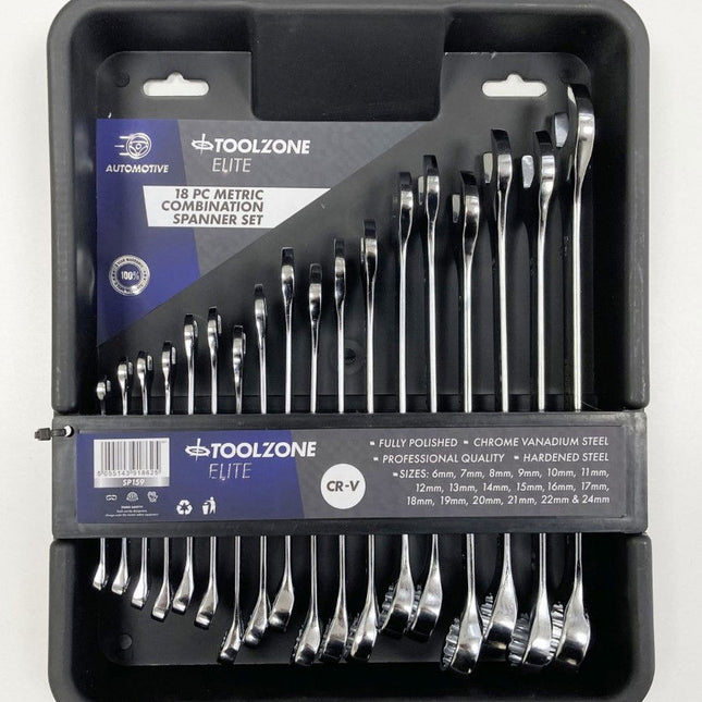 Combination Spanner Set 18pc 6-24mm Chrome Vanadium In Tray - Toolzone KDPSP159
