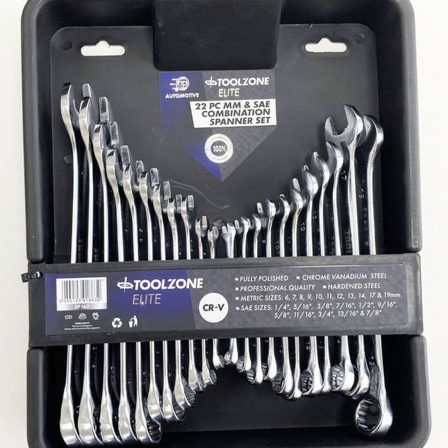 Combination Spanner Set 22pc Metric/af Chrome Vanadium In Tray - Toolzone KDPSP160