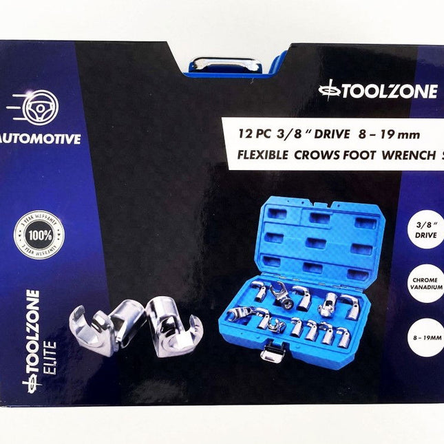 Flex Crowfoot Spanner Set 12pc 3/8 Drive 8-19mm Chrome Vanadium - Toolzone KDPSP170