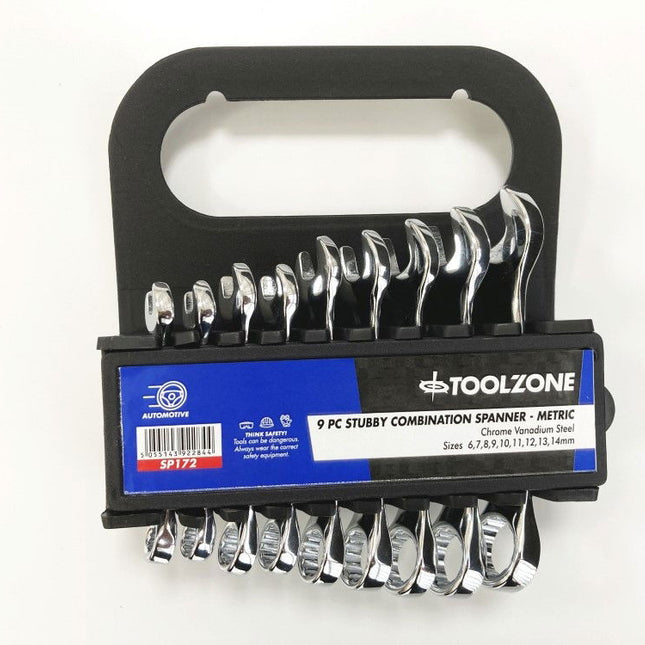 Stubby Spanner Set 9pc 6-14mm Chrome Vanadium Fully Polished In Rack - Toolzone KDPSP172