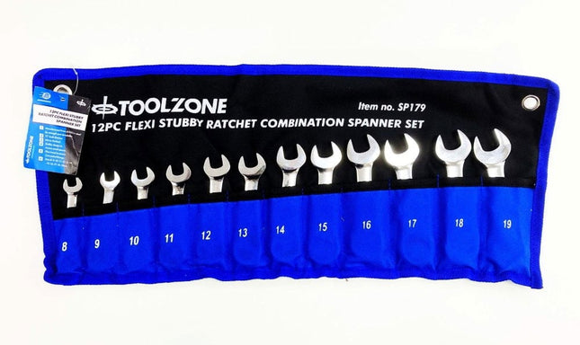 Flexi Stubby Ratchet Combination Spanner Set 12pc 8-19mm 72 Teeth Crv - Toolzone KDPSP179