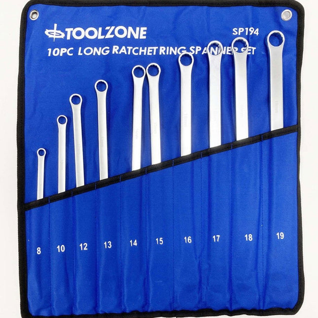 Ratchet Spanner Set Long 10pc 8-19mm 72 Teeth 6150CRV Mirror Polish - Toolzone KDPSP194
