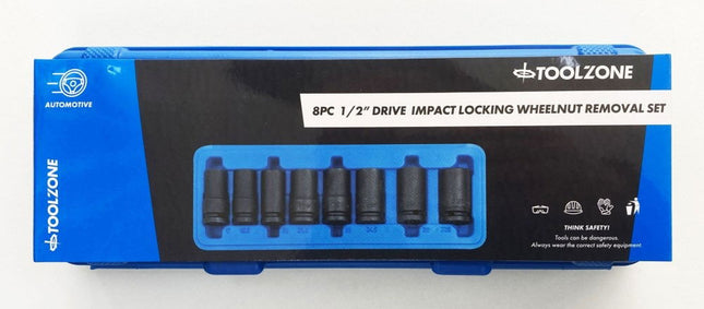 Impact Nut Wheel Lock Remover Set 1/2 Dr 8pc 17-27.5mm Chrome Molybdenum - Toolzone KDPSS002