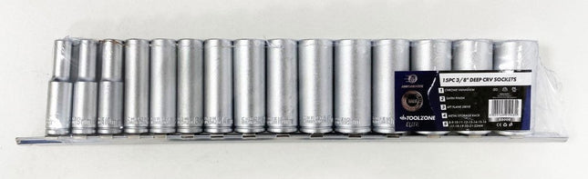 Deep Socket Set 3/8 Drive 15pc 8-22mm Crv 6PT On Rail - Toolzone KDPSS009