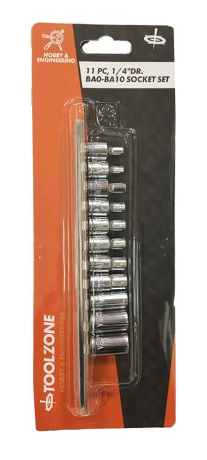Socket Set 1/4 Drive 11pc BA0-BA10 6PT Crv Polished Chrome - Toolzone KDPSS016