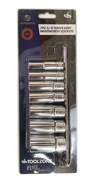 Deep Socket Set 3/8 Drive 7pc Whitworth 1/8-1/2WW Crv On Rail - Toolzone KDPSS019