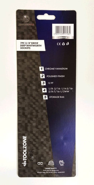 Deep Socket Set 3/8 Drive 7pc Whitworth 1/8-1/2WW Crv On Rail - Toolzone KDPSS019