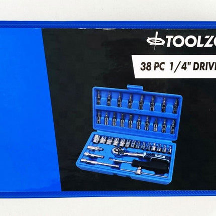 Socket Set 1/4 Drive 38pc Crv DIN3124 4-14mm Ph Pz Hex Star - Toolzone KDPSS032