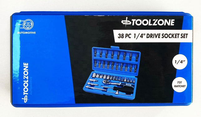 Socket Set 1/4 Drive 38pc Crv DIN3124 4-14mm Ph Pz Hex Star - Toolzone KDPSS032