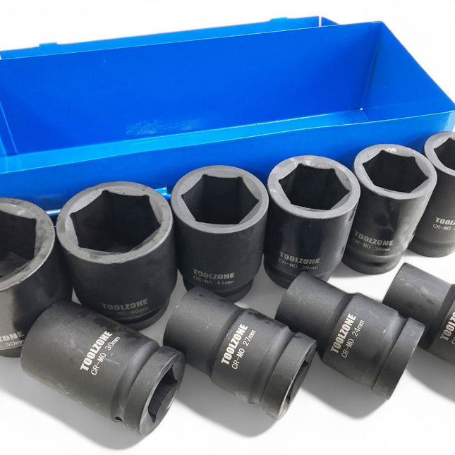 Impact Socket Set 1 Drive Deep 10pc 22-50mm Chrome Molybdenum - Toolzone KDPSS033