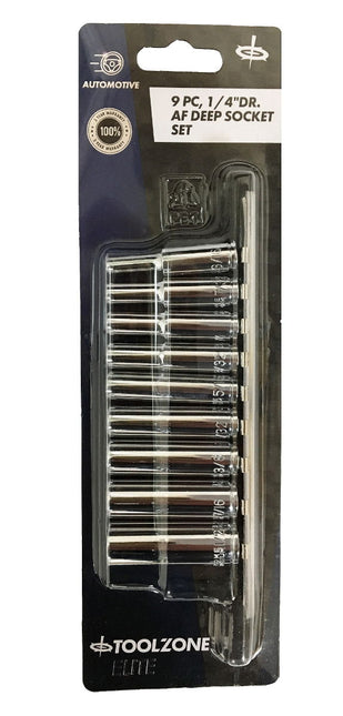 Socket Set 1/4 Drive Deep Af 9pc 3/16-1/2 Crv Polished - Toolzone KDPSS035