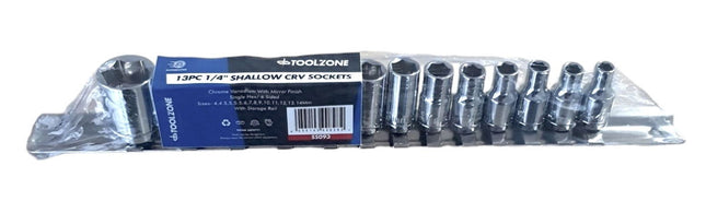 Socket Set 1/4 Drive Shallow Crv 13 Pieces 4-14mm Single Hex - Toolzone KDPSS093