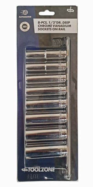 Socket Set 1/2 Drive Deep Crv 8 Pieces 13-24mm Single Hex - Toolzone KDPSS098