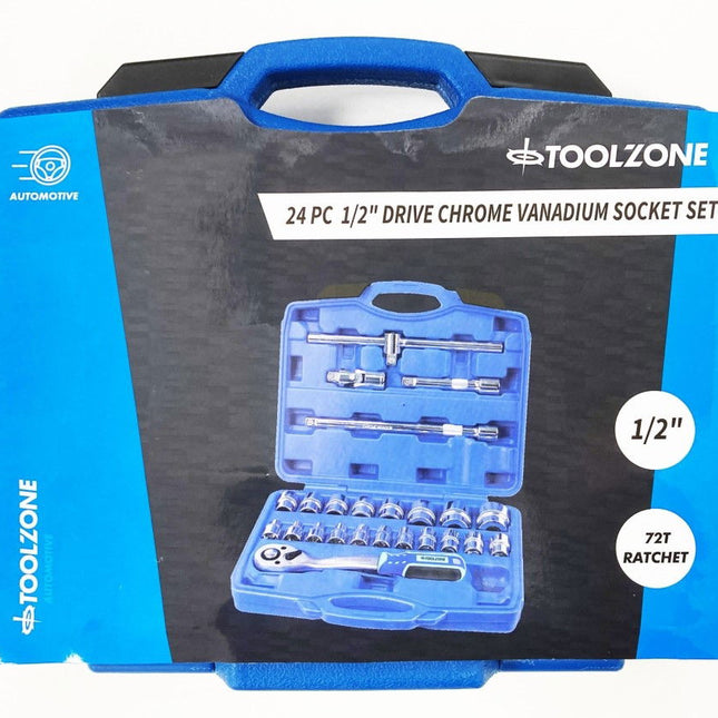 Socket Set 1/2 Drive Pro Crv 24 Pieces 10-24mm 27mm 30mm 32mm - Toolzone KDPSS108