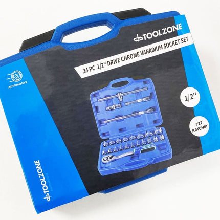 Socket Set 1/2 Drive Pro Crv 24 Pieces 10-24mm 27mm 30mm 32mm - Toolzone KDPSS108