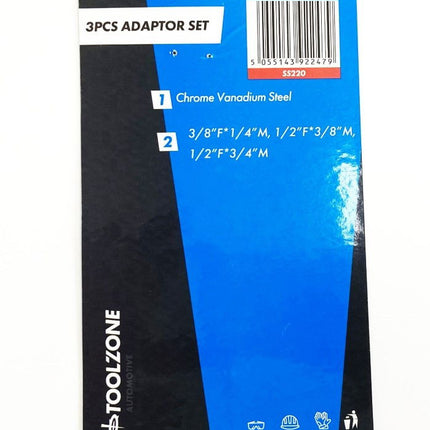 Adaptor Set 3 Pieces Crv Polished 3/8F To 1/4M, 1/2 To 3/8M, 1/2F To 3/4M - Toolzone KDPSS220